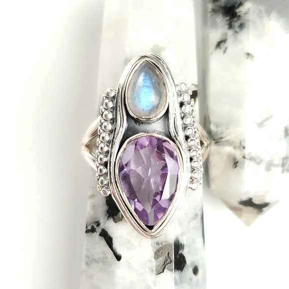 Sterling Silver Amethyst and Labradorite Double Teardrop Ring Size 8 - Picture 4 of 15